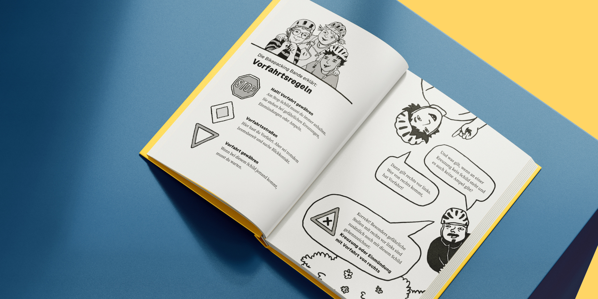 Offenes Buch mit bunten Illustrationen auf blauem und gelbem Hintergrund.
