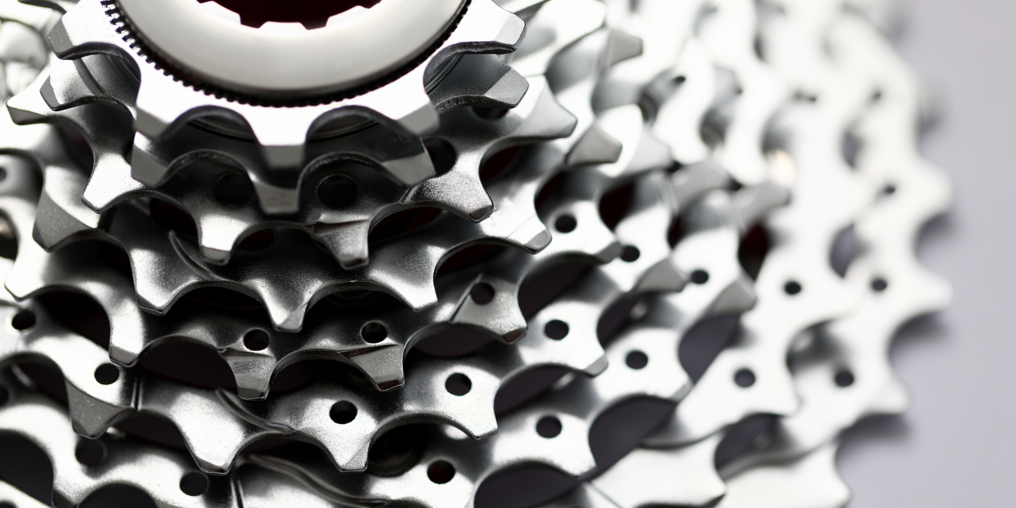 Detailaufnahme eines glänzenden Fahrrad-Kettenblatts mit vielen Zähnen.