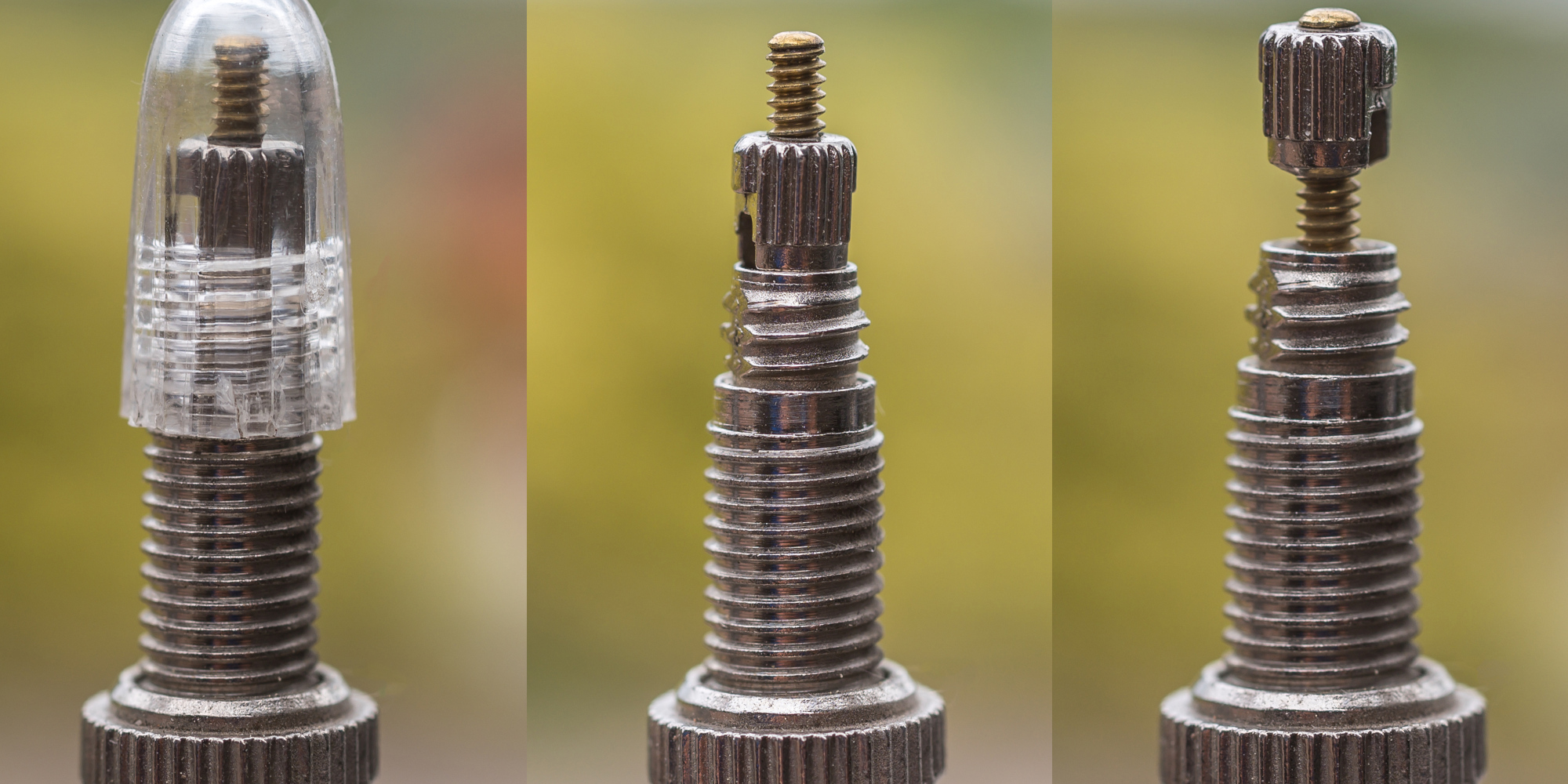 Drei verschiedene Metallteile mit Gewinden und unterschiedlichen Oberflächen.