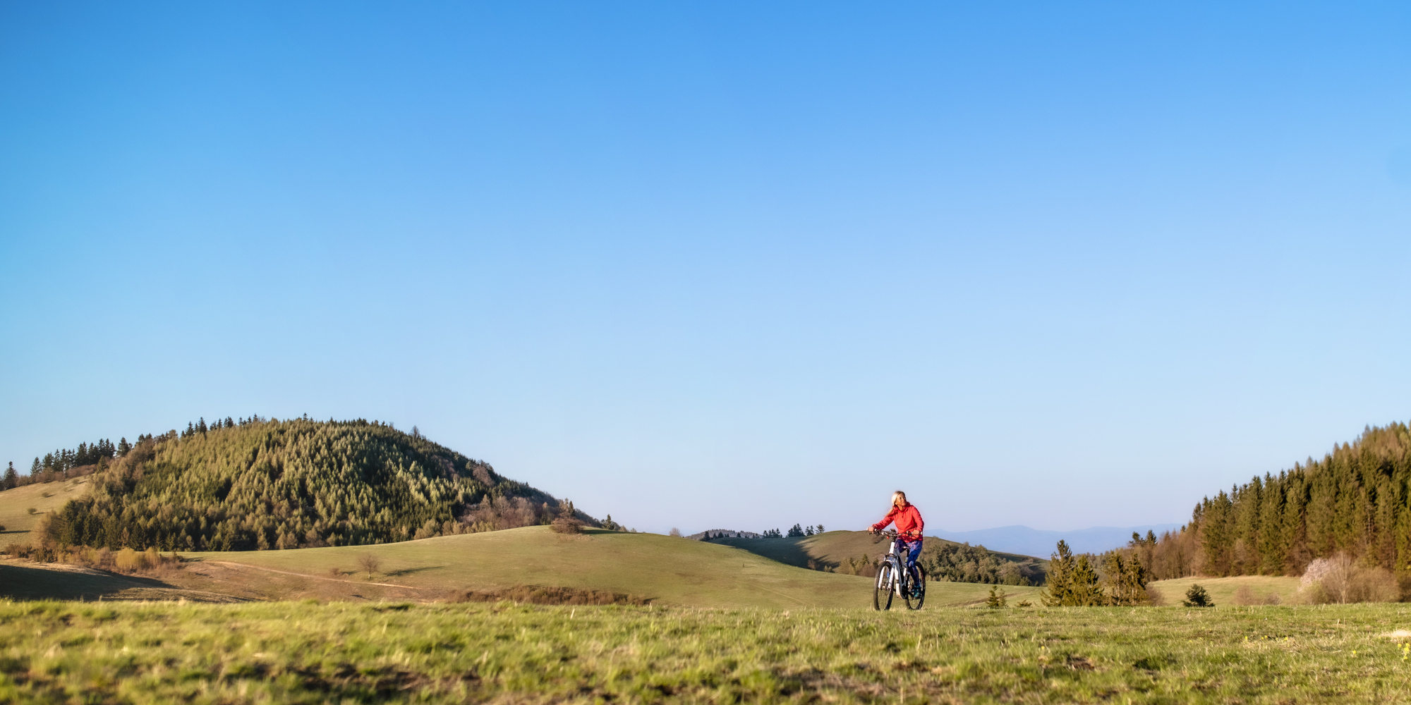 Radfahrer in roter Jacke fährt über eine grüne Wiese unter blauem Himmel.