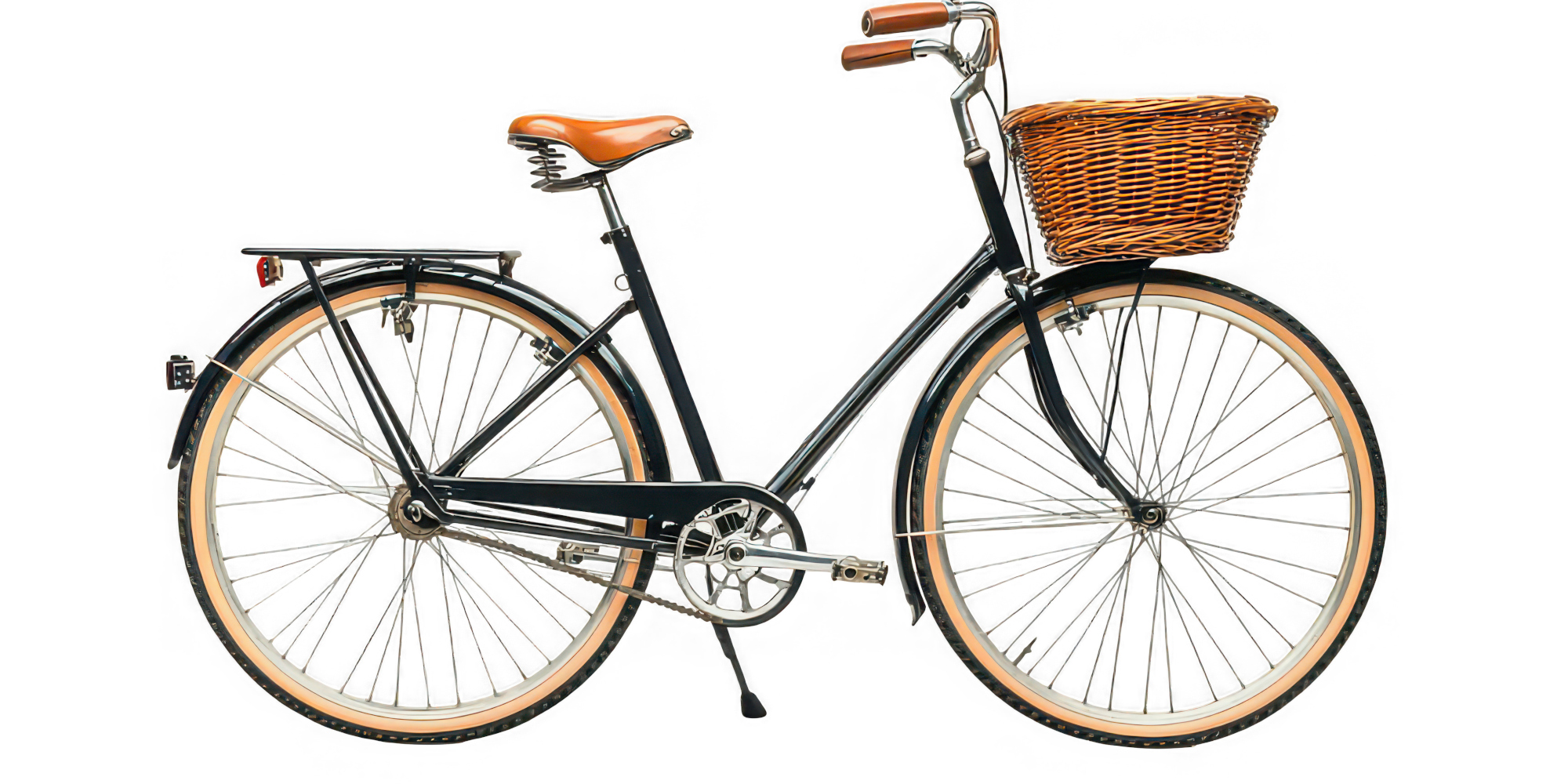 Schwarzes Fahrrad mit Korb und braunem Sattel, seitliche Ansicht.