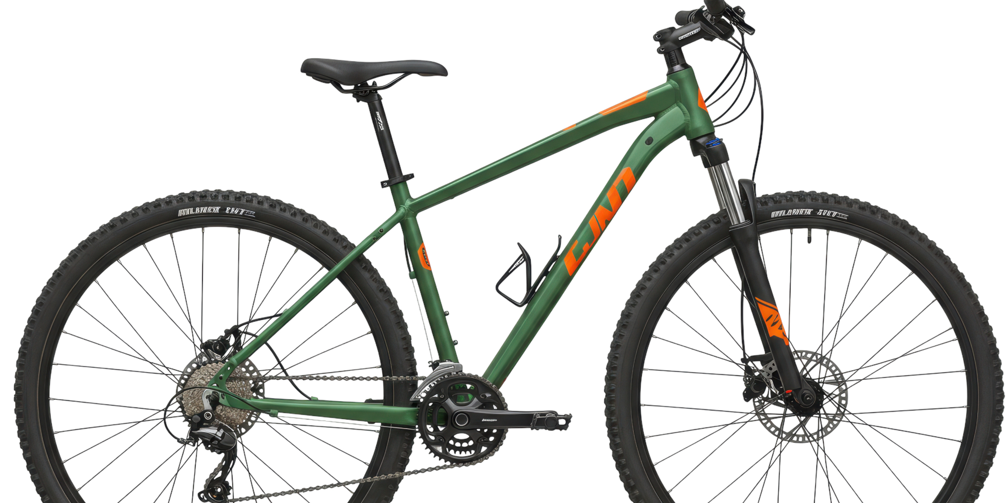 Grünes Mountainbike mit orangefarbenen Akzenten auf weißem Hintergrund.
