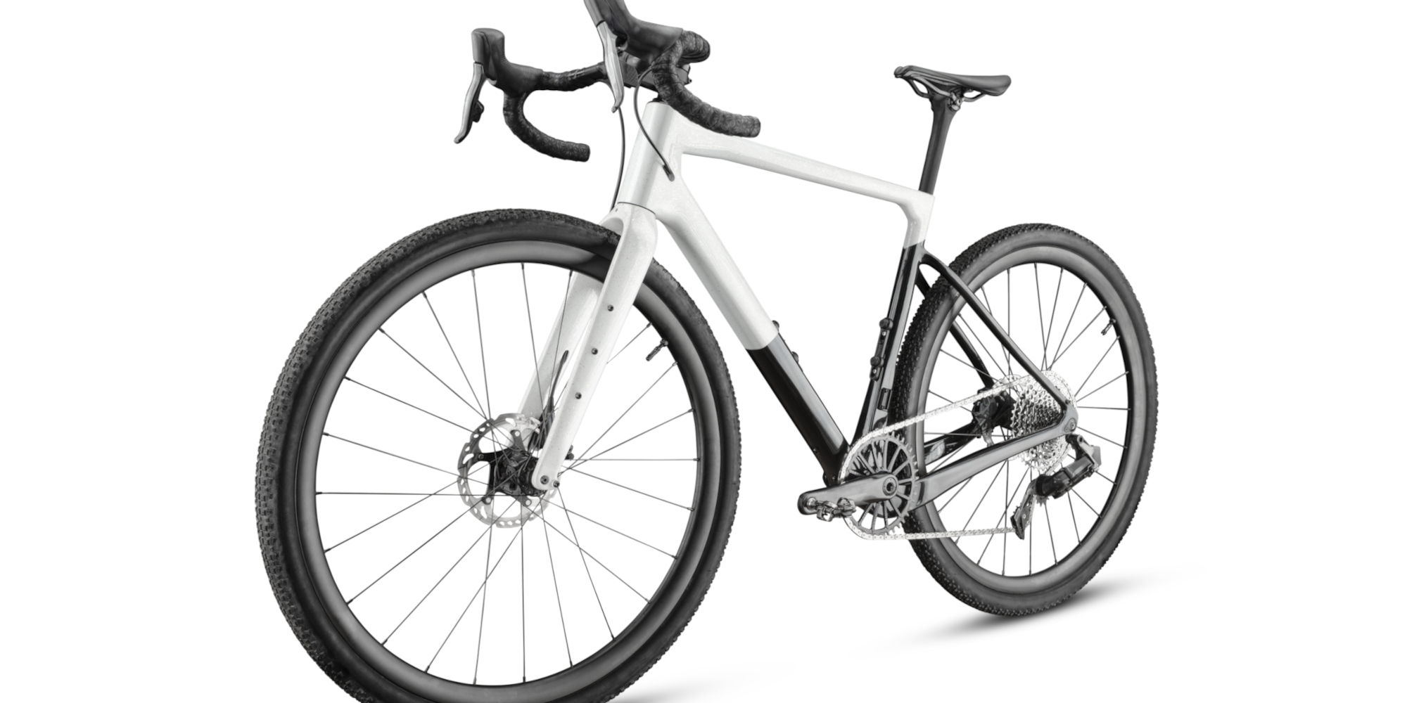 Gravelbike Weiß-schwarzes Gravelbike vor einem weißen Hintergrund