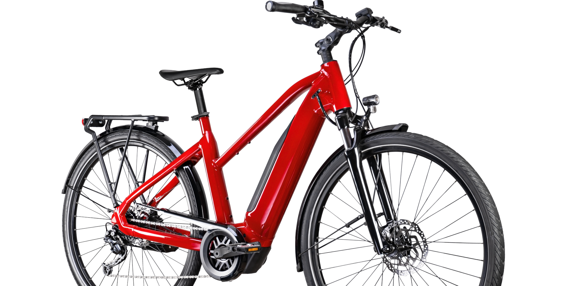 Rotes E-Bike mit schlankem Rahmen und breiten Reifen, auf weißem Hintergrund.