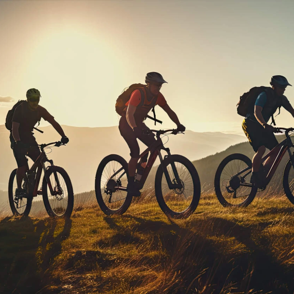3 Mountainbiker fahren im Sonnenuntergang Berg hoch