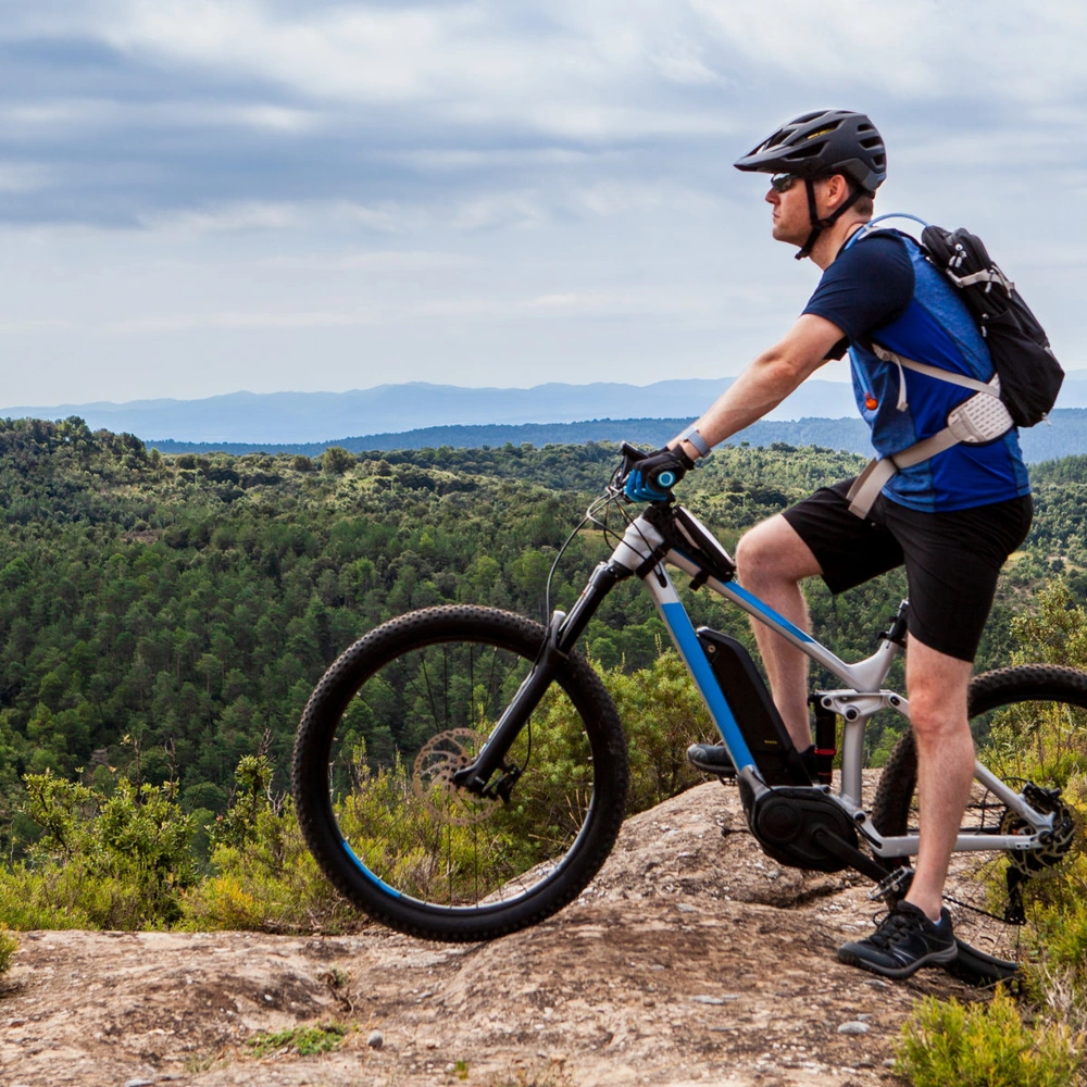 Erkunde abenteuerliche Trails mit der 5. Generation des Bosch CX-Motors Mann auf einem E-Mountainbike steht auf der Spitze eines Berges.