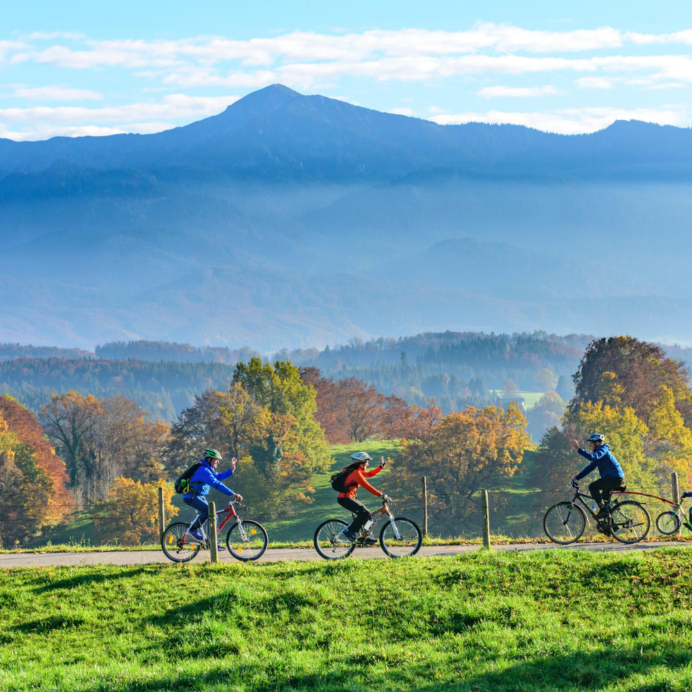 Cycling Club: Zusammen Rad und E-Bike fahren Personen fahren Fahrrad im Herbst