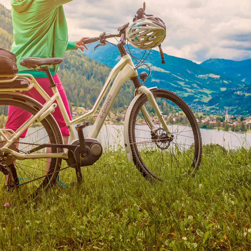 Frau mit einem E-Bike schaut in die Natur