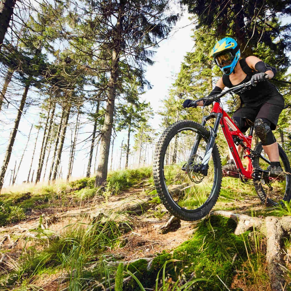 Mann fährt Waldstrecke mit Mountainbike herunter.