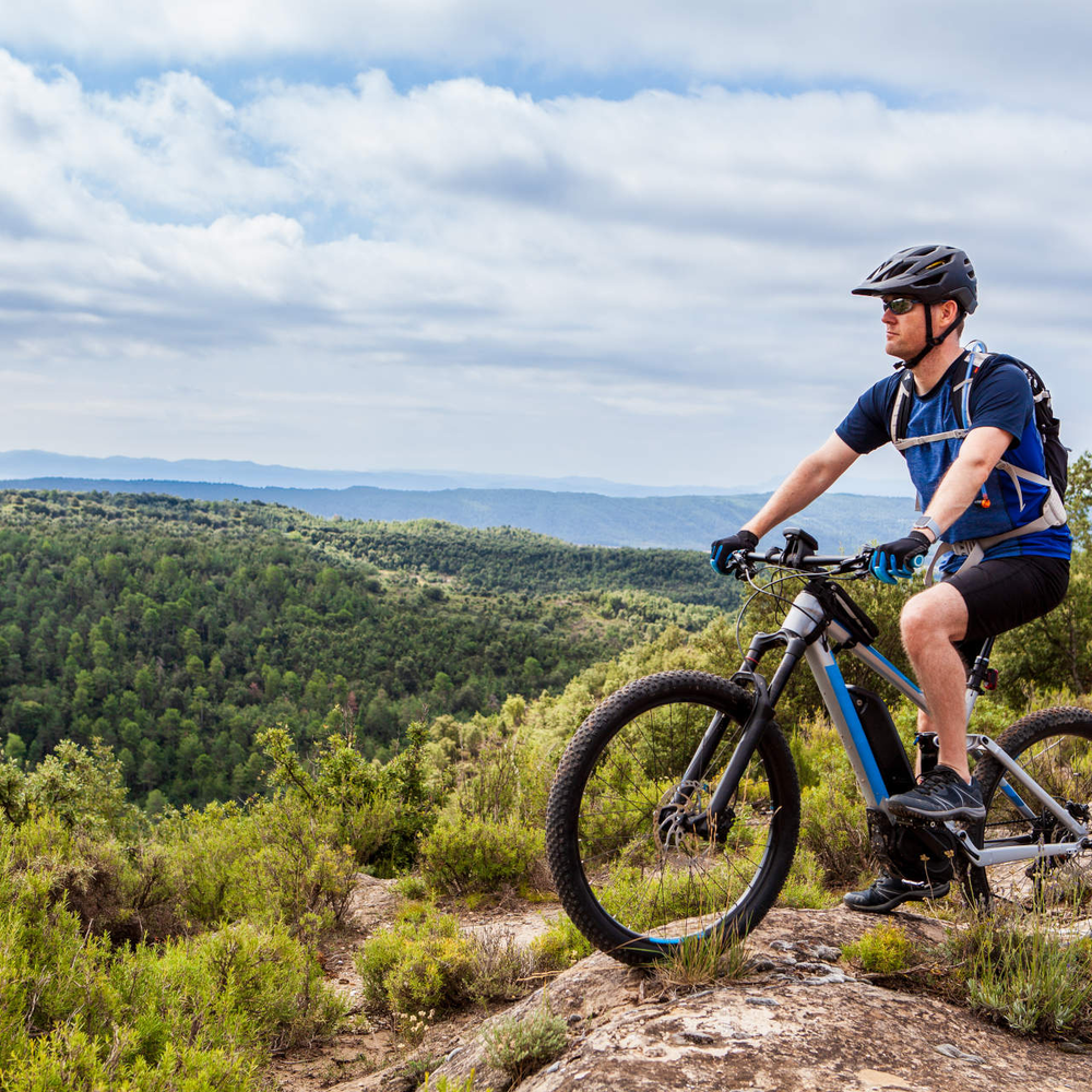 Das E-Bike Fully und seine Vorteile Ein Mann fährt E-Mountainbike in den Bergen