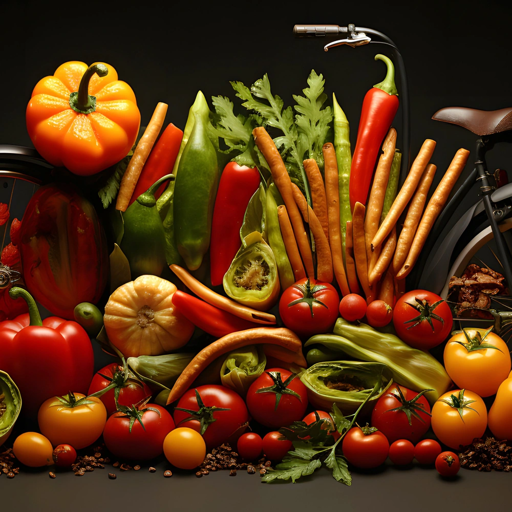 Früchte und Gemüse liegen vor einem Fahrrad