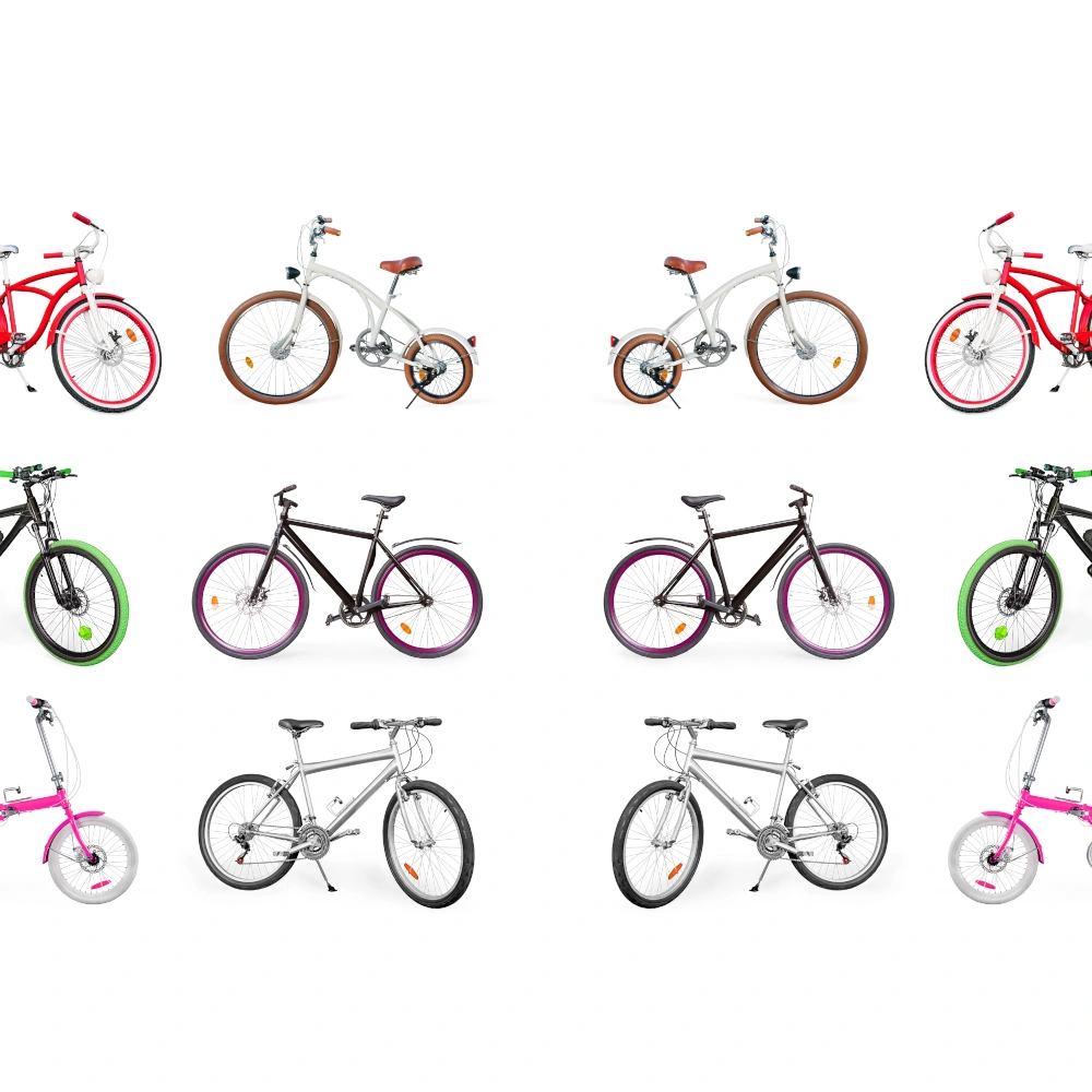 Neun verschiedene Fahrradtypen auf weißem Hintergrund