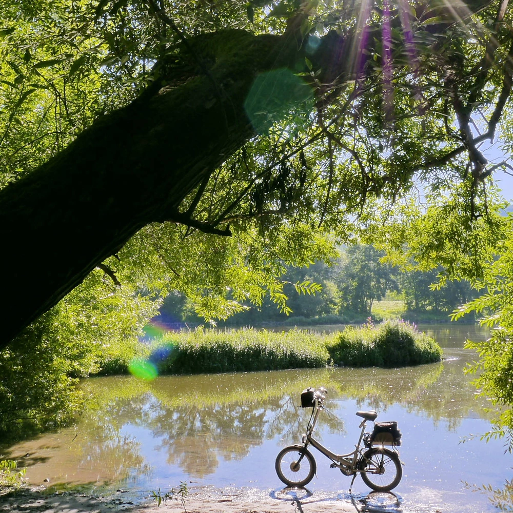 Faltrad steht vor einem See