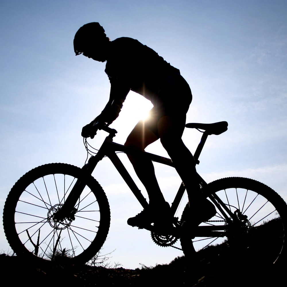 Silhouette eines Freeride Bike Fahrers auf einem Bergpfad mit der Sonne im Hintergrund