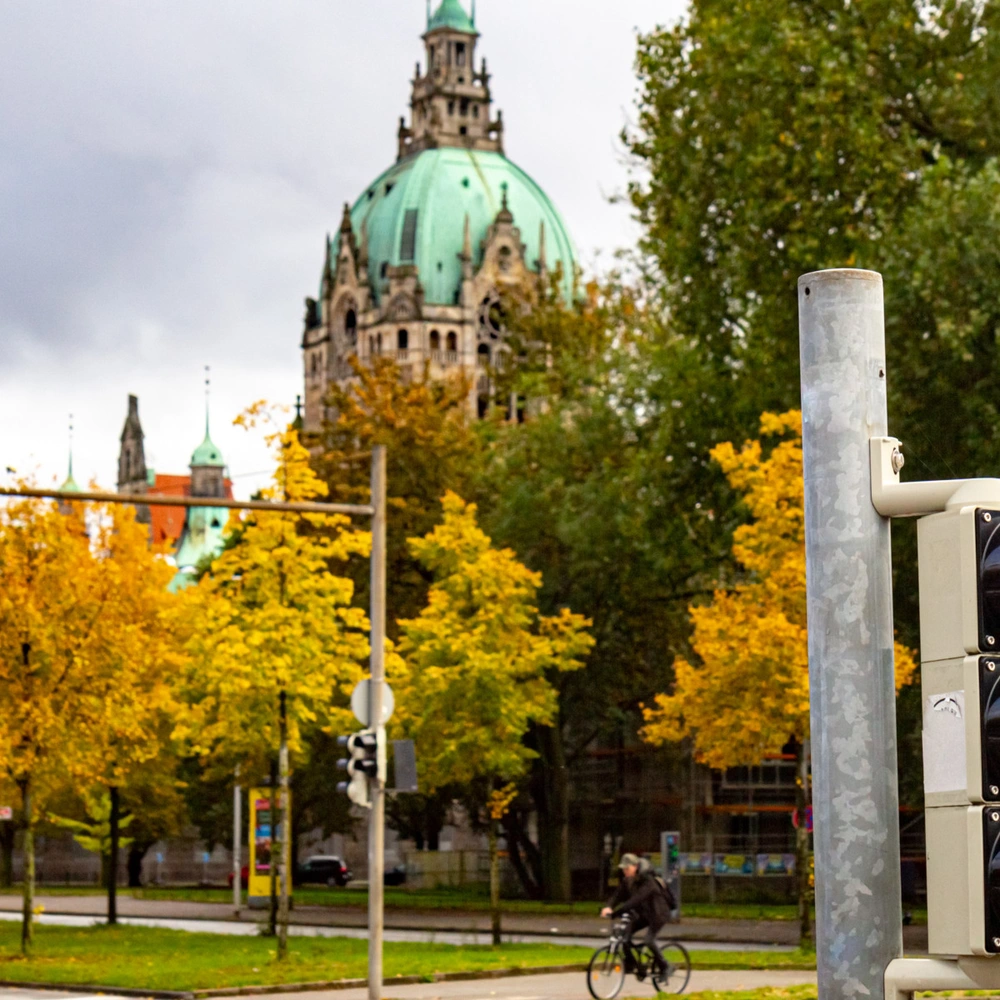 Ampel mit roten Lichtern vor herbstlichen Bäumen und historischer Architektur im Hintergrund.