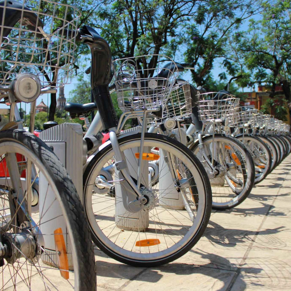 Viele Kompakträder stehen an Fahrradständern in einer Stadt
