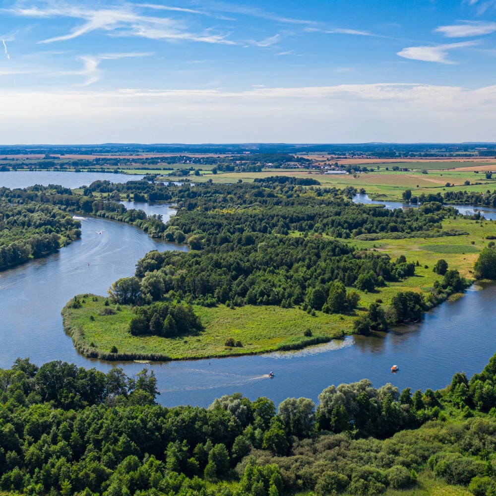 Luftaufnahme eines weitläufigen, grünen Flusslandschaft mit klaren blauen Himmel.
