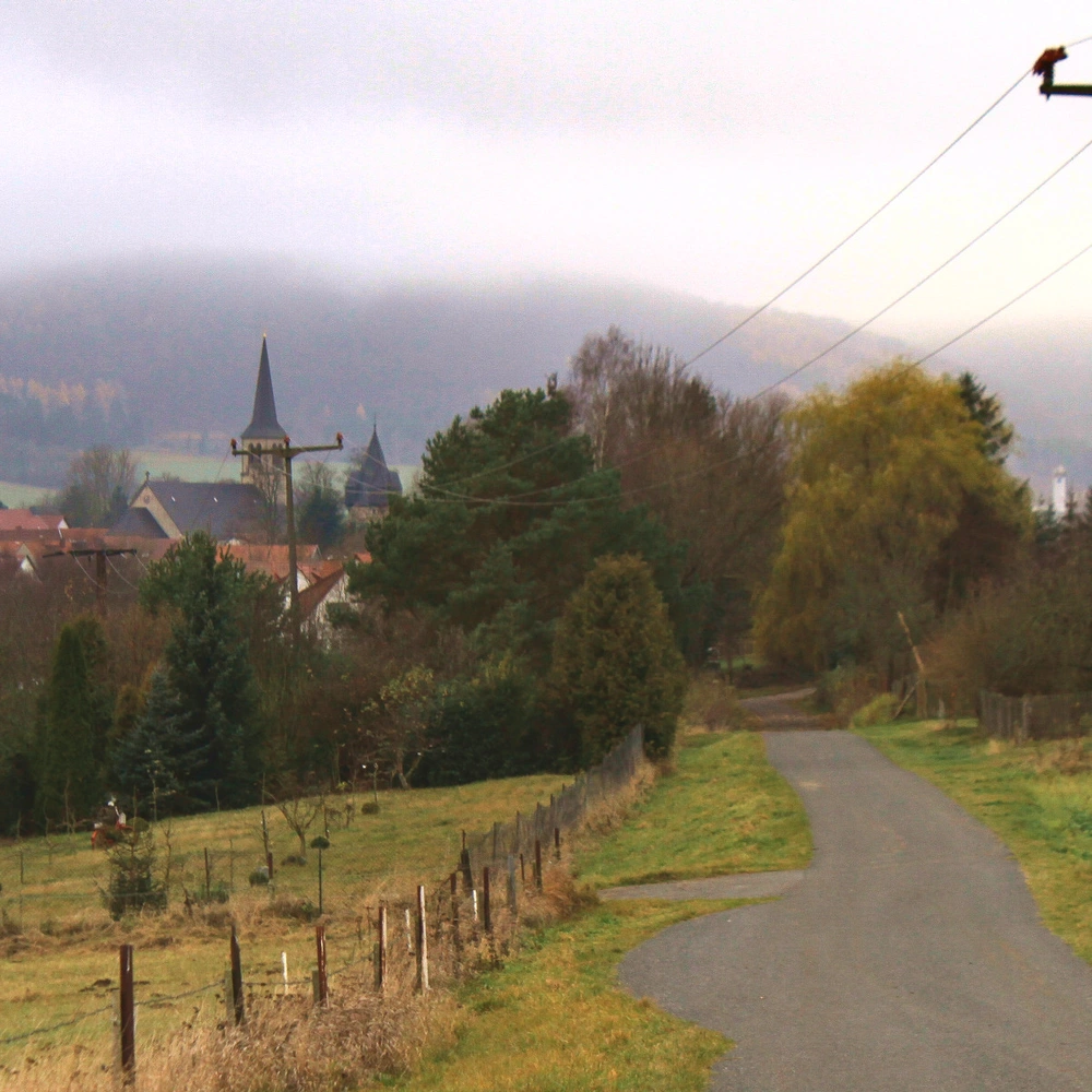 Landschaft mit einer kurvigen Straße, herbstlichen Bäumen und einem Dorf im Hintergrund.