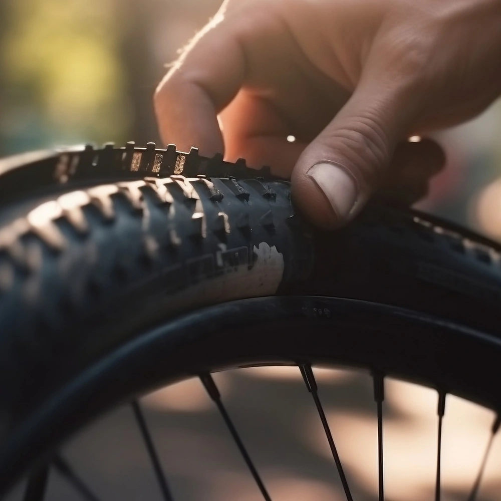 Nahaufnahme eines Fahrradreifens, wo eine Hand den Reifendruck überprüft