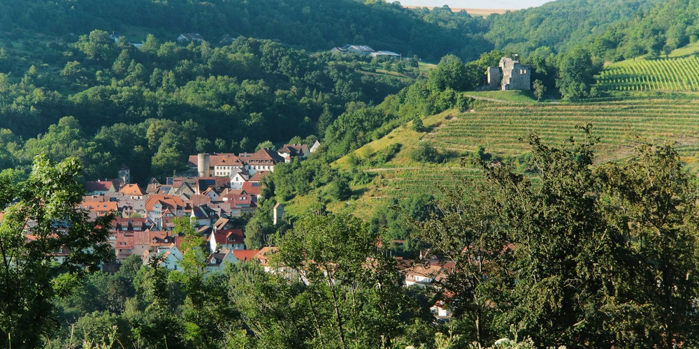 Panorama auf die Burg Indelfinger mit einem Dorf und Weinbergen in einer hügligen Landschaft