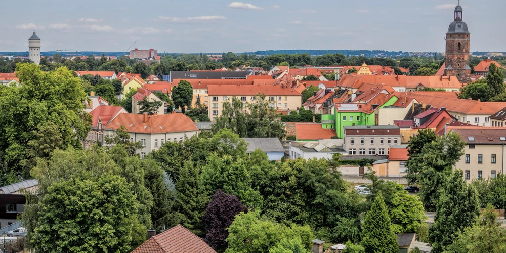 Panorama einer Stadt mit roten Dächern und Türmen, umgeben von grünen Bäumen.