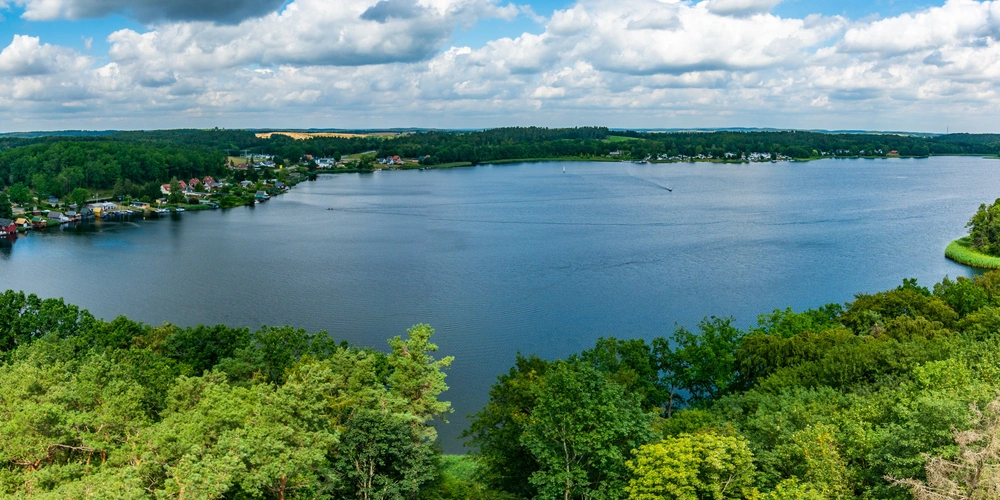 Weitblick auf einen ruhigen See umgeben von Bäumen und sanften Hügeln unter einem wolkigen Himmel.