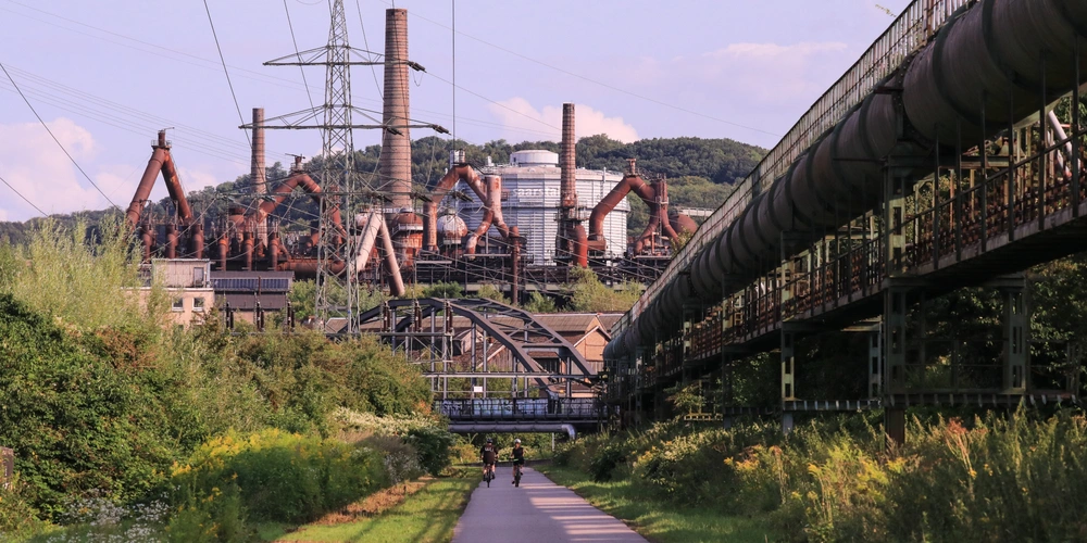 Industrieanlage mit Rohrleitungen und grünen Pflanzen im Vordergrund, bei Tageslicht.