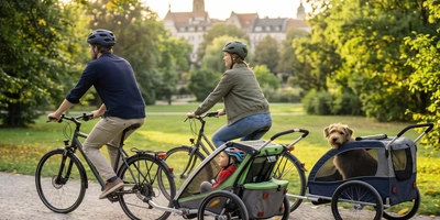 Familie fährt mit Fahrrädern durch einen Park, Kind und Hund im Anhänger.