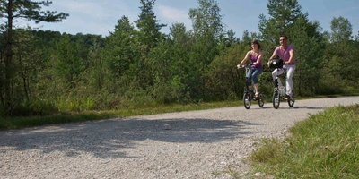 zwei Personen fahren auf Klapprädern