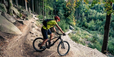 Mountainbiker fährt durch Wald