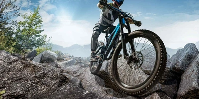 Mann fährt auf Steinen Downhill