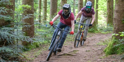 Zwei Personen fahren Mountainbike durch Wald.