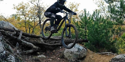 Frau fährt mit Mountainbike durch Wald einen Abhang hinunter.