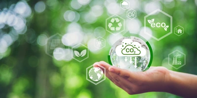 Eine Hand hält eine gläserne Kugel mit Symbolen für nachhaltige Entwicklung