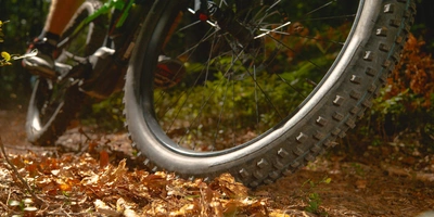 Ein Mountainbike fährt durch den Wald