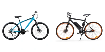 Fahrrad und E-Bike stehen sich gegenüber