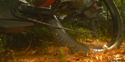 E-Mountainbike fährt auf nassem Waldboden eine Kurve