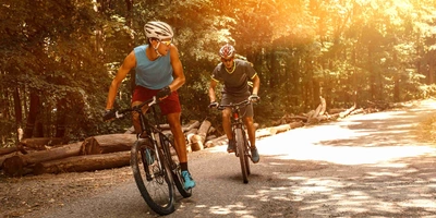 Zwei Männer fahren sportlich mit dem Mountainbike.