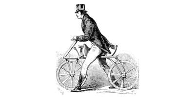 Ein Mann in einem Zylinder fährt ein frühes Hochrad-Fahrrad.