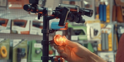 Entdecke die besten Fahrradblinker im Fahrradblinker-Test Eine Hand greift in einem Fahrradladen nach verschiedenen Fahrradlichtern auf einem Aufsteller