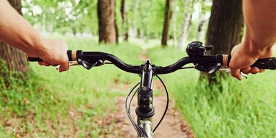 Der Fahrradlenker Ein Fahrradlenrad wird von einer Person im Wald benutzt.