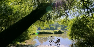 Faltrad steht vor einem See