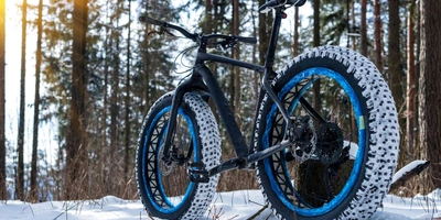 Fatbike im verschneiten Wald bei Sonnenschein