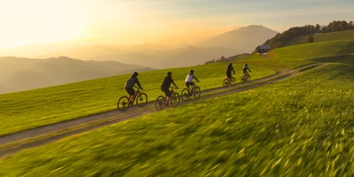 Fischer E-Bike Test – mehr als nur ein Rad vom Baumarkt Fünf Radfahrer fahren auf einem Feldweg durch eine grüne Landschaft bei Sonnenuntergang.