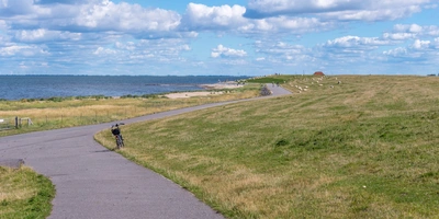 Entdecke die schönsten Föhr-Radwege Wanderweg mit grasbewachsenen Hügeln und Blick auf das Wasser unter einem blauen Himmel.
