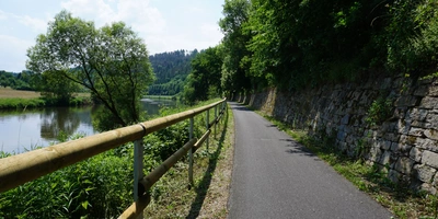 Fulda Radweg: Eine Flusstour durch das grüne Herz Hessens Radweg entlang eines Flusses, flankiert von Bäumen und einer Steinmauer.