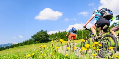 Drei Radfahrer fahren durch die Landschaft