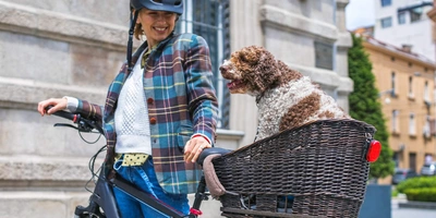 Eine Frau transportiert ihren Hund auf dem Fahrrad