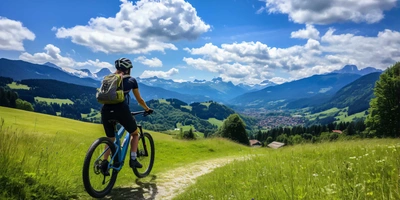 Frau auf E-Mountainbike fährt durch die Berge