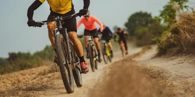 Vier Mountainbiker fahren auf einem staubigen Pfad durch eine grüne Landschaft.